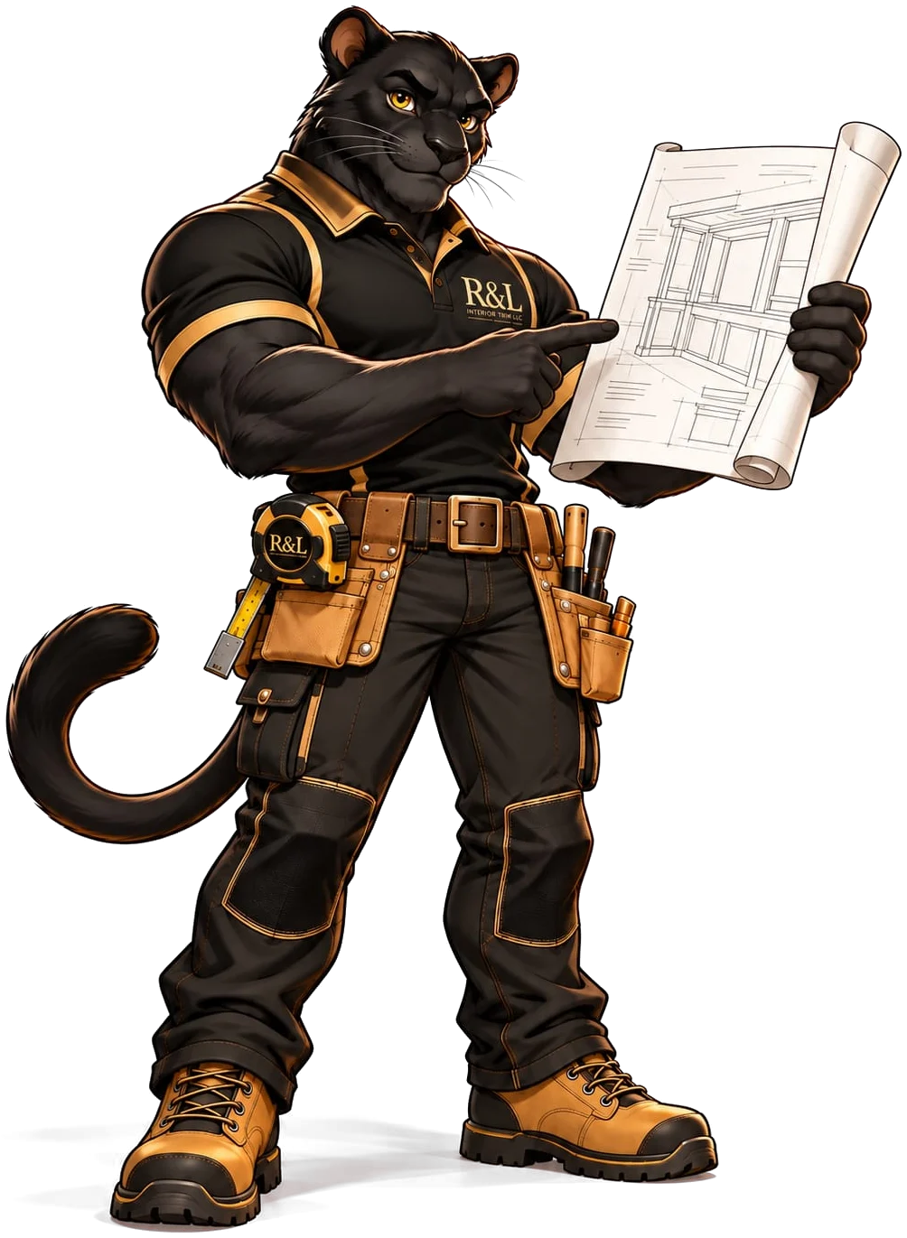 The R&L panther pointing at a blueprint